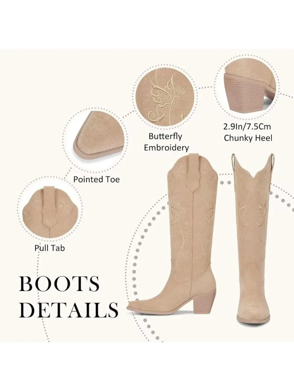 Women's Apricot Chunky Heel Slip on Pointed Knee High Cowgirl Tall Boots